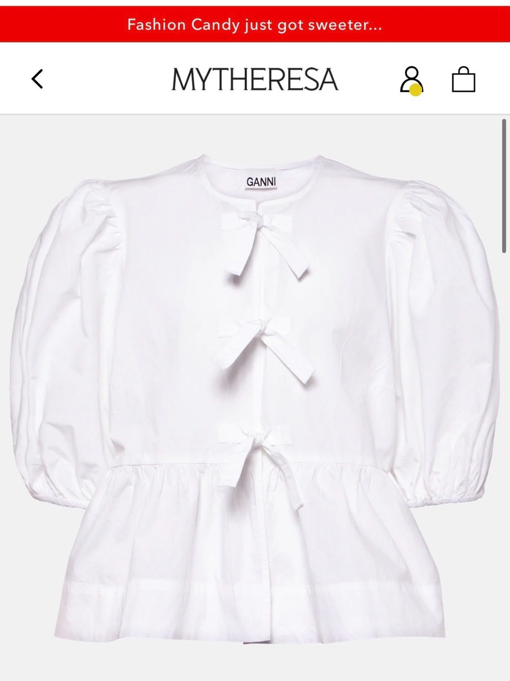 Ganni White Bow-Front Puff Sleeve Peplum Top